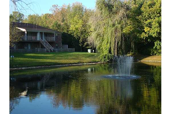 A fountain in the middle of a pond in front of a house.